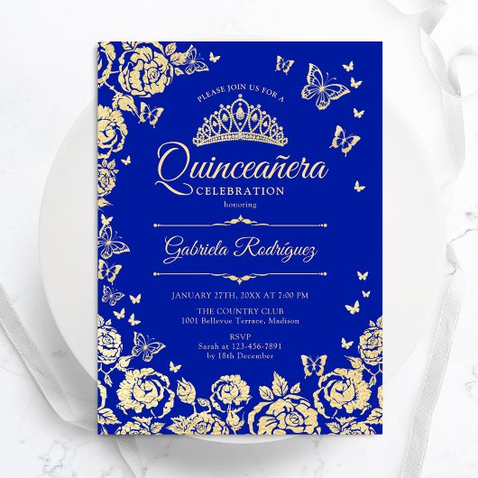 Invitation Papillons Royal Blue Gold Rose Quinceanera