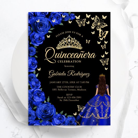 Invitation Papillons Royal Blue Gold Rose Quinceanera