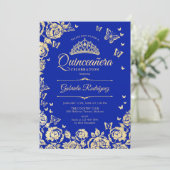 Invitation Papillons Royal Blue Gold Rose Quinceanera (Debout devant)