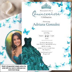 Invitation Papillons sarcelle Robe Diadème Photo Quinceanera