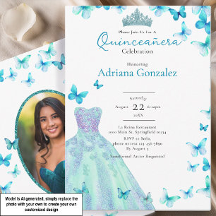 Invitation Papillons sarcelle Robe Diadème Photo Quinceanera