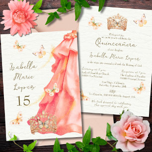 Invitation Papillons saumon Rosé Rosé Élégant Quinceañera