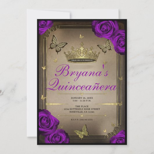 Invitation Papillons Tiara Bright Violet Roses Quinceañera (Devant)