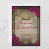 Invitation Papillons Tiara d'or Magenta Roses Quinceañera (Devant)
