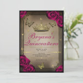 Invitation Papillons Tiara d'or Magenta Roses Quinceañera (Debout devant)