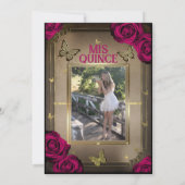 Invitation Papillons Tiara d'or Magenta Roses Quinceañera (Dos)