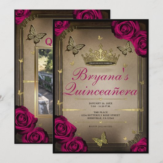 Invitation Papillons Tiara d'or Magenta Roses Quinceañera (Devant / Derrière)