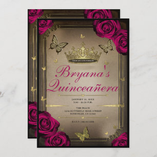 Invitation Papillons Tiara d'or Magenta Roses Quinceañera