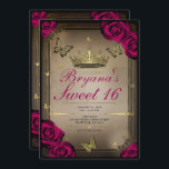 Invitation Papillons Tiara d'or Magenta Roses Sweet 16<br><div class="desc">Customisez comme vous voulez. Remplacez la photo au dos par votre propre photo ou retirez la photo ensemble.</div>