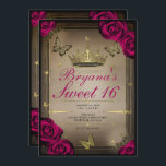 Invitation Papillons Tiara d'or Magenta Roses Sweet 16<br><div class="desc">Customisez comme vous voulez. Remplacez la photo au dos par votre propre photo ou retirez la photo ensemble.</div>