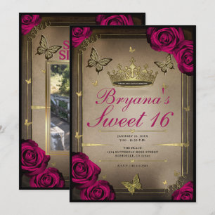 Invitation Papillons Tiara d'Or Roses Magenta Sweet 16