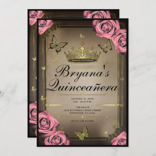 Invitation Papillons Tiara d'or Roses roses roses quinceañera