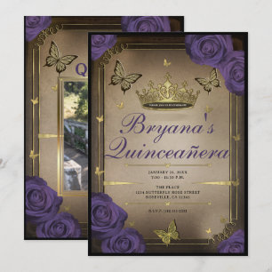 Invitation Papillons Tiara d'Or Roses Violettes Quinceañera