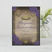 Invitation Papillons Tiara d'or Violet Roses Quinceañera (Debout devant)