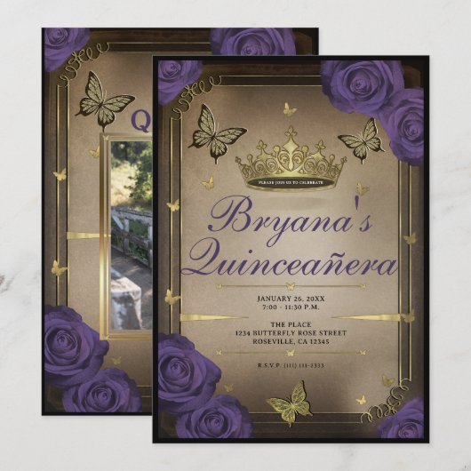 Invitation Papillons Tiara d'or Violet Roses Quinceañera (Devant / Derrière)