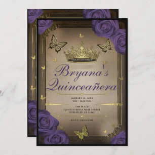 Invitation Papillons Tiara d'or Violet Roses Quinceañera