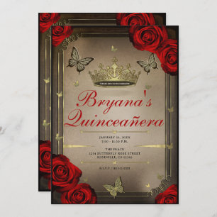 Invitation Papillons Tiara Gold Roses rouges Quinceañera Phot