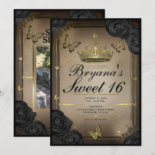 Invitation Papillons Tiara Or Roses Noires Douce 16 Photo