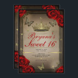 Invitation Papillons Tiara Or & Roses rouges Sweet 16 Photo<br><div class="desc">Customisez comme vous voulez. Remplacez la photo au dos par votre propre photo ou retirez la photo ensemble.</div>