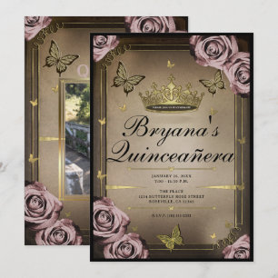 Invitation Papillons Tiara Roses Pâles Quinceañera
