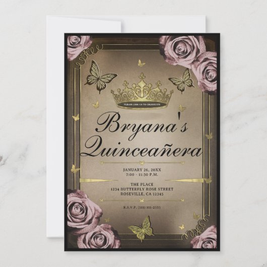 Invitation Papillons Tiara Roses rose pâle Quinceañera (Devant)