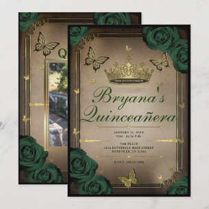 Invitation Papillons Tiara Roses Vert Émeraude Quinceañera