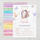 Invitation Papillons Unicorne mignonnes Grandes couleurs Anni (Devant / Derrière)