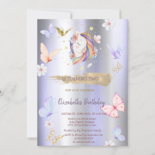 Invitation Papillons Unicorne Violet Metallday