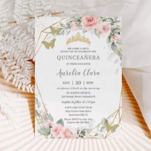 Invitation Papillons verts Sage Quinceañera rose Floral