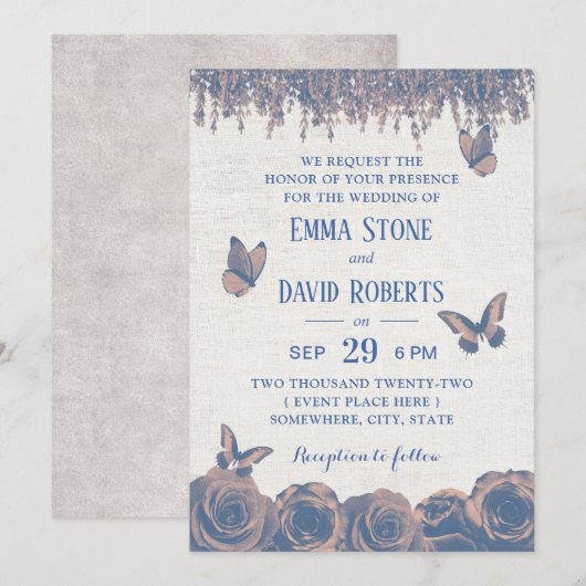 Invitation Papillons vintages Dusty Blue Floral Mariage (Devant / Derrière)
