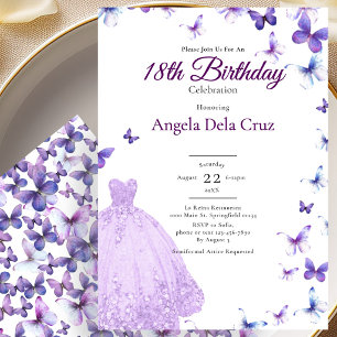 Invitation Papillons Violets Et Robe Début 18ème Anniversaire