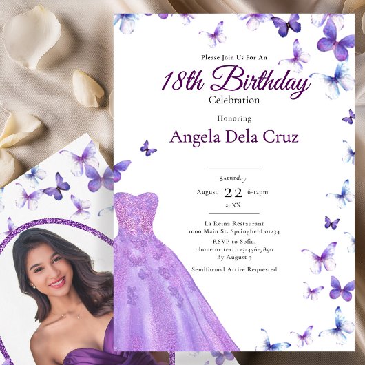 Invitation Papillons Violets Et Robe Début De 18 Ans