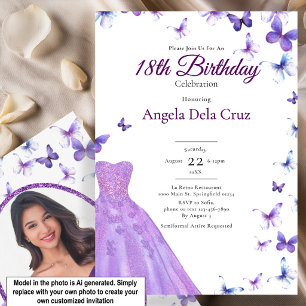 Invitation Papillons Violets Et Robe Début De 18 Ans