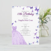 Invitation Papillons Violets Et Robe Début De 18 Ans Annivers (Debout devant)