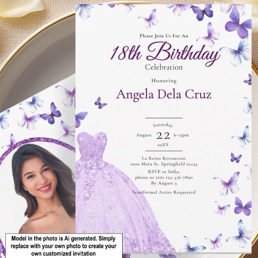 Invitation Papillons Violets Et Robe Début De 18 Ans Annivers