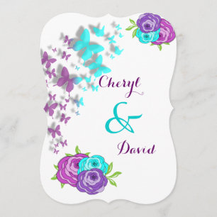 Invitation Papillons violets et Turquoises et fleurs lunaires