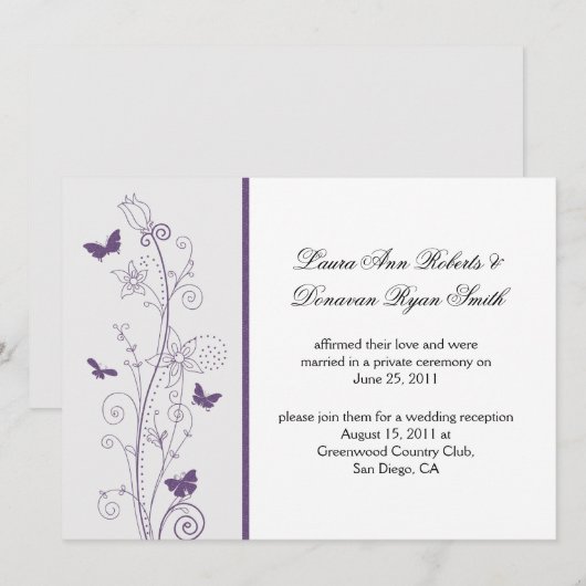 Invitation Papillons Violets Fleurs sur Gris Après-Mariage (Devant / Derrière)