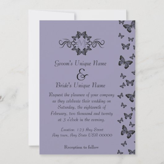 Invitation Papillons violets Mariage Monogramme (Devant)