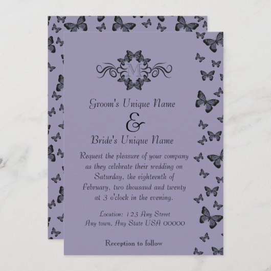 Invitation Papillons violets Mariage Monogramme (Devant / Derrière)