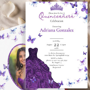 Invitation Papillons Violets Robe Photo 15 XV Quinceanera
