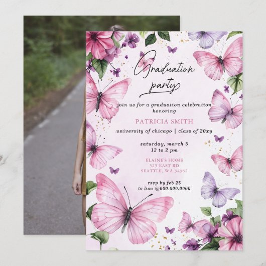 Invitation Papillons violets rose Fête de graduation Photo (Devant / Derrière)