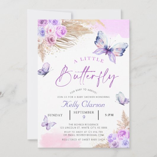 Invitation Papillons Violets Un Petit Baby shower Papillon (Devant)