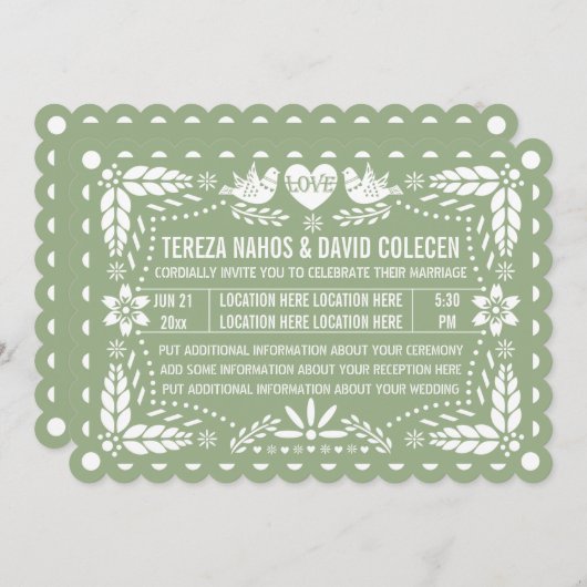 Invitation Pappel vert Sage picado inséparables mariage de la (Devant / Derrière)