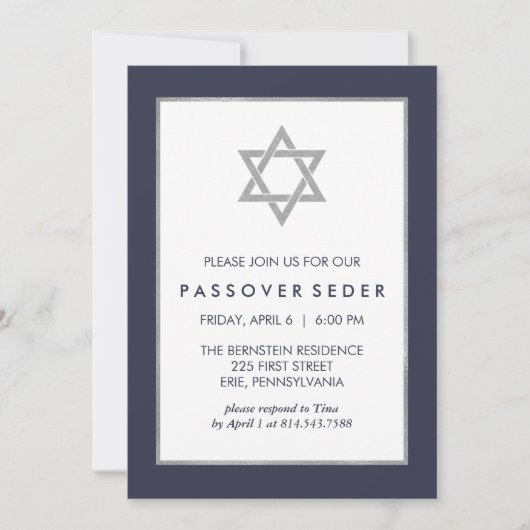 Invitation Pâque bleue et argentée Seder avec l'étoile de (Devant)