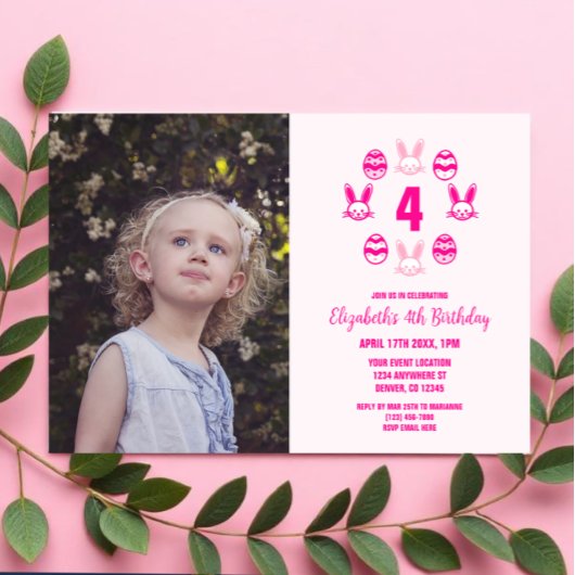 Invitation Pâques Anniversaire 4 ans Rose