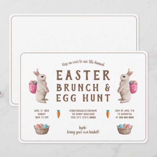 Invitation Pâques Brunch Chasse aux oeufs Panier de lapin d'a (Devant / Derrière)