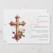 Invitation Pâques Croix Élégante avec Fleurs Roses (Devant)
