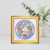 Invitation Pâques joyeuses avec du lapin mignon, des oeufs et (Debout devant)