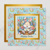 Invitation Pâques joyeuses avec du lapin mignon, des oeufs et (Devant / Derrière)
