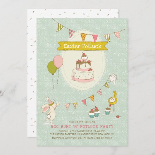 Invitation Pâques Potluck Oeuf chasse fête (Devant / Derrière)